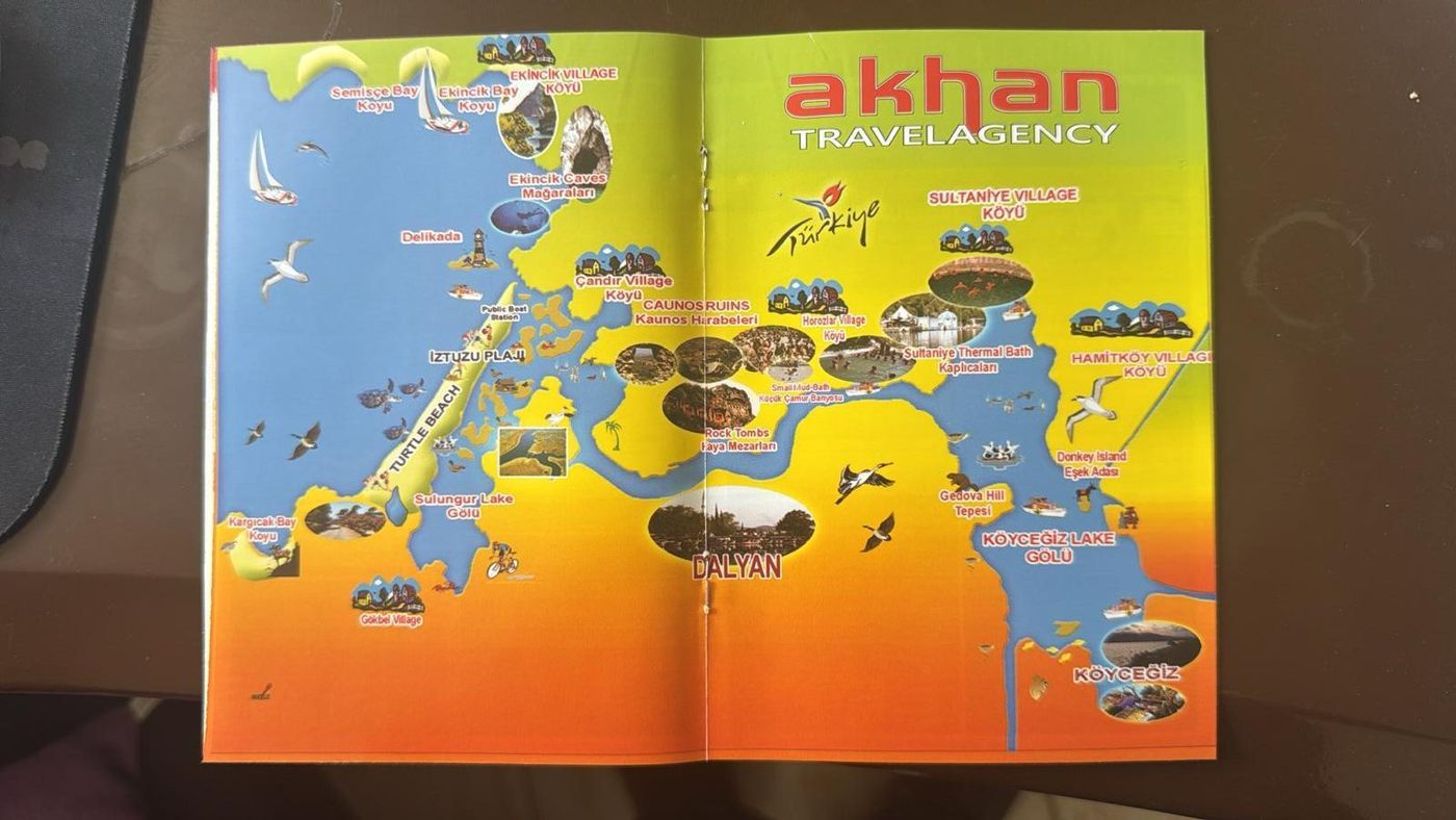 Akhan Travel Agency's illustrated map of the Dalyan and Köyceğiz region